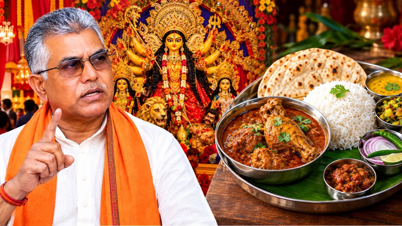 পুজোয় আমিষ খেলে অধার্মিক? ‘পাঁঠার মাংস প্রসাদ’, নিরামিষ বিতর্কে সপাট দিলীপ!