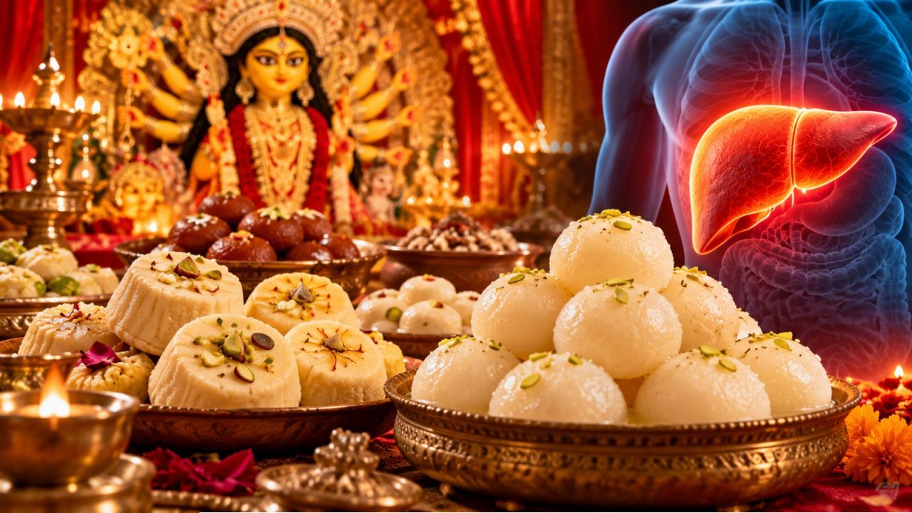 Durga Puja 2026: পুজোর আনন্দ, সঙ্গে দেদার সন্দেশ-রসগোল্লা! মিষ্টির বাড়াবাড়িতে লিভারের বিপদ ডেকে আনছেন না তো?